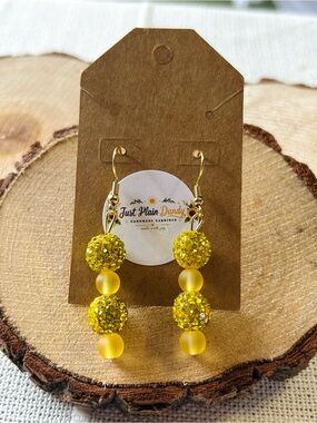 Handmade Yellow Rhinestone Beaded Dangle Earrings Sparkly Glam NWT